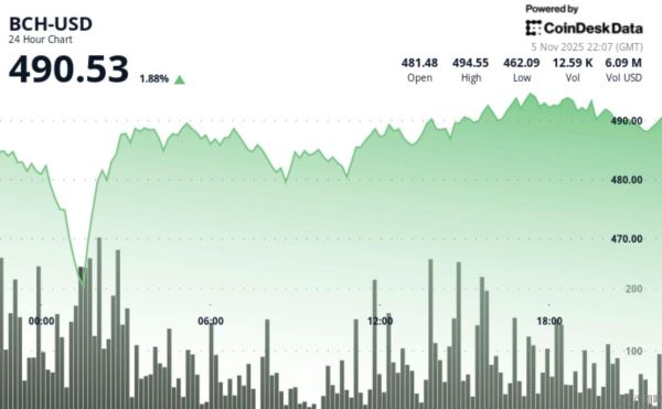 欧洲交易时段买盘推动比特币现金突破 487 美元阻力位后升至 491.80 美元。